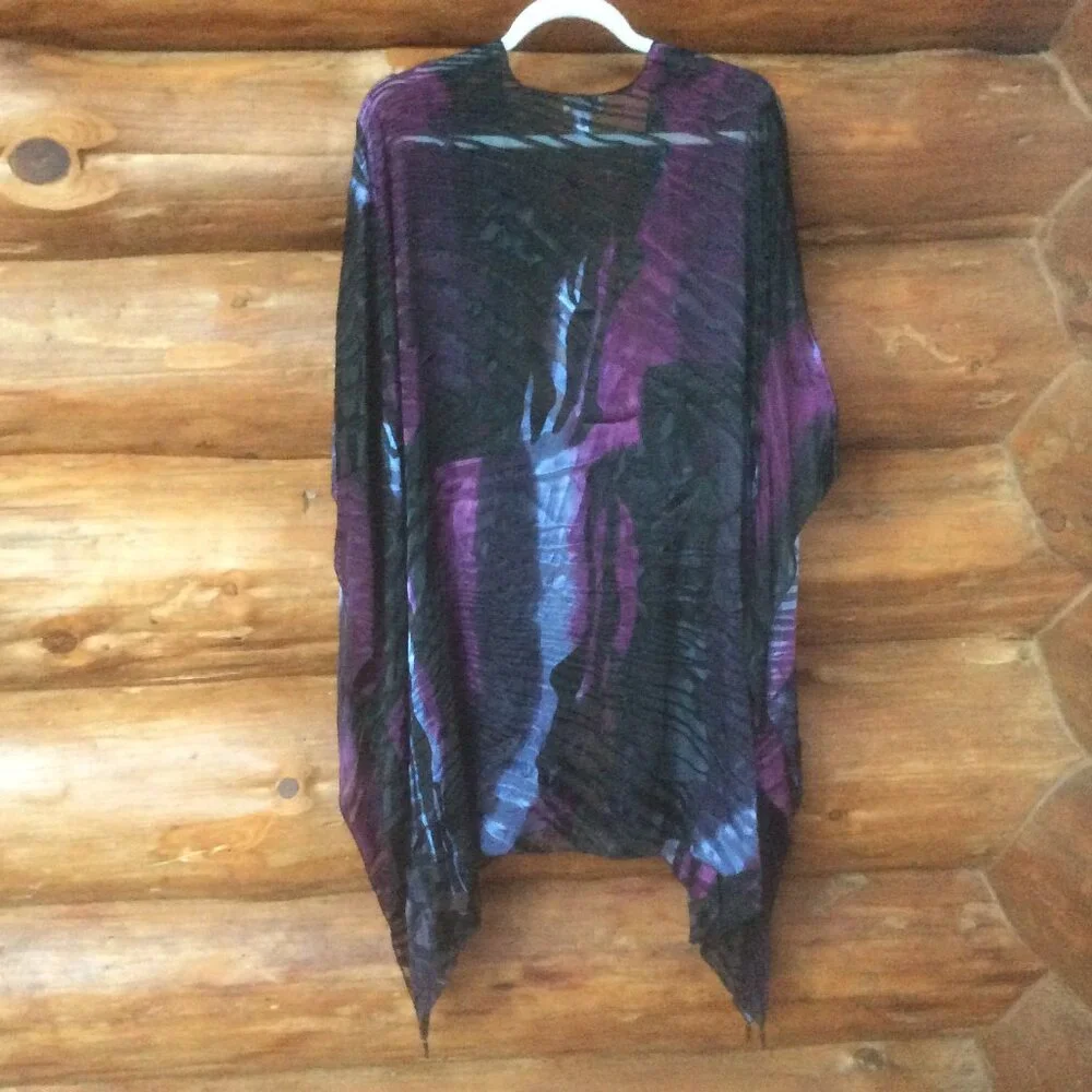 Chico's Purple & Black Textured Beaded Accent Silk Blend Kimono Shawl Size S/M - Picture 2 of 5